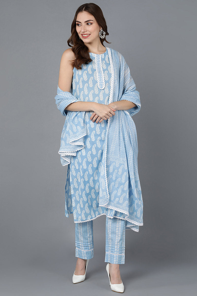  Women Blue Pure Cotton Kurta Trousers With Dupatta