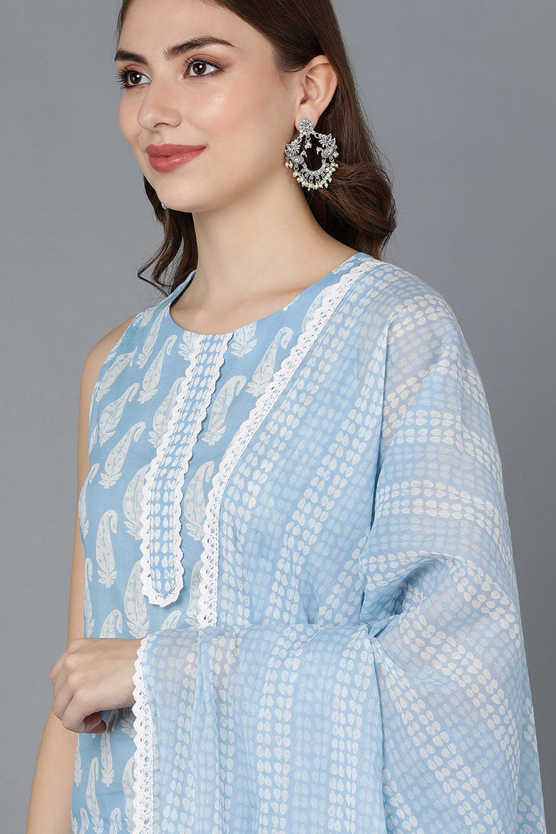  Women Blue Pure Cotton Kurta Trousers With Dupatta