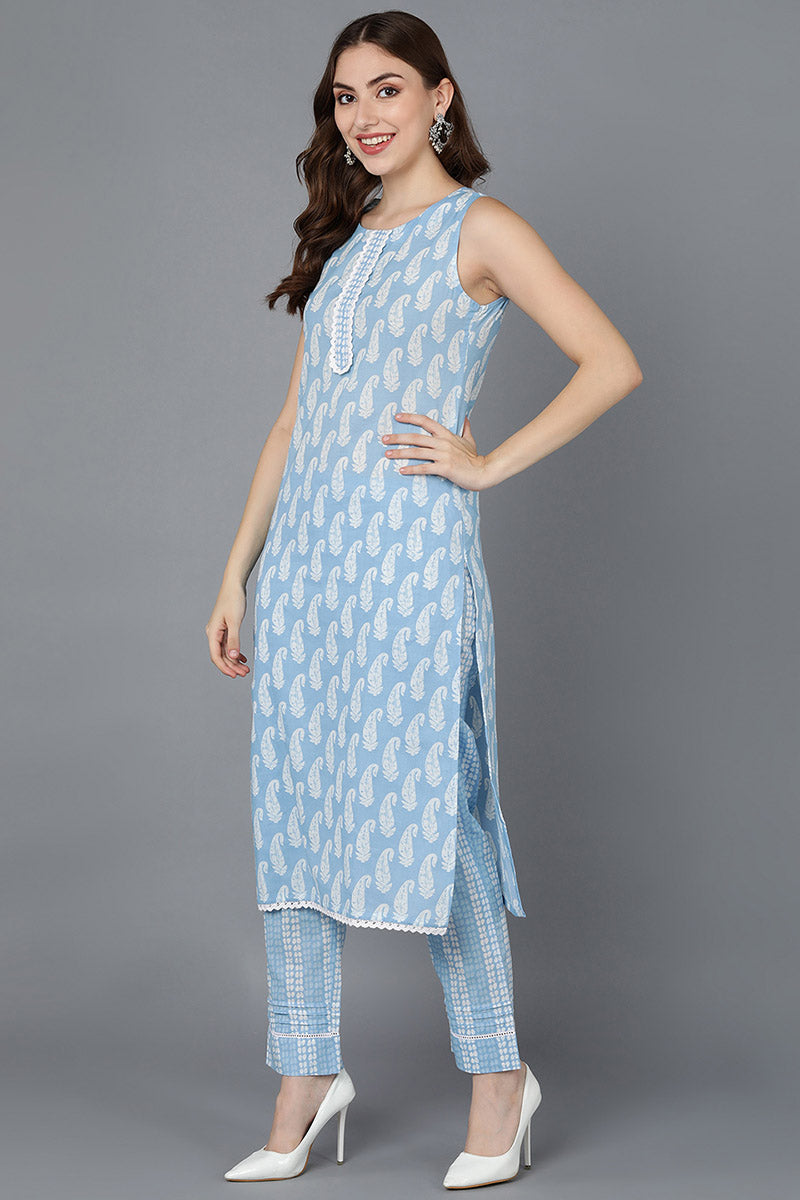  Women Blue Pure Cotton Kurta Trousers With Dupatta