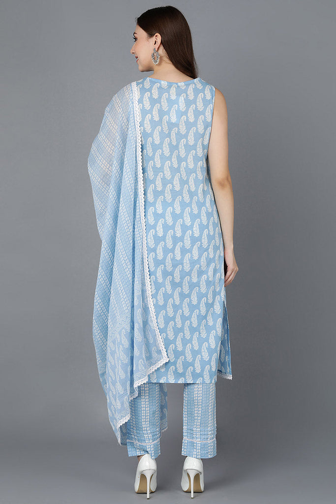  Women Blue Pure Cotton Kurta Trousers With Dupatta