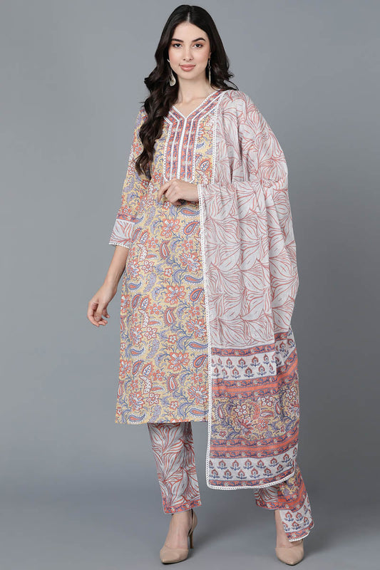  Women Cream Cotton Floral Printed Kurta Trousers With Dupatta 