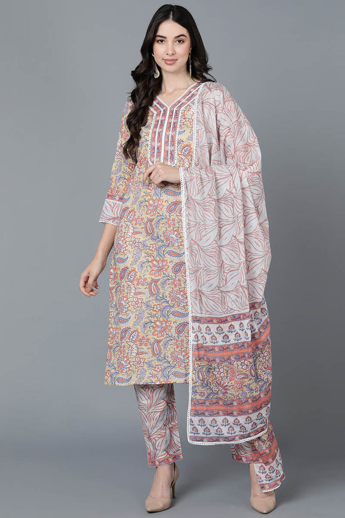  Women Cream Cotton Floral Printed Kurta Trousers With Dupatta 