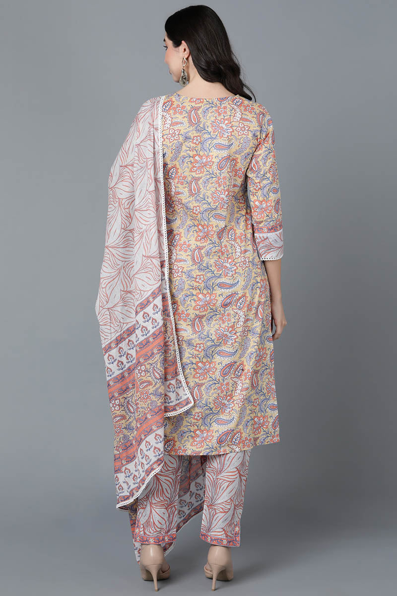  Women Cream Cotton Floral Printed Kurta Trousers With Dupatta 