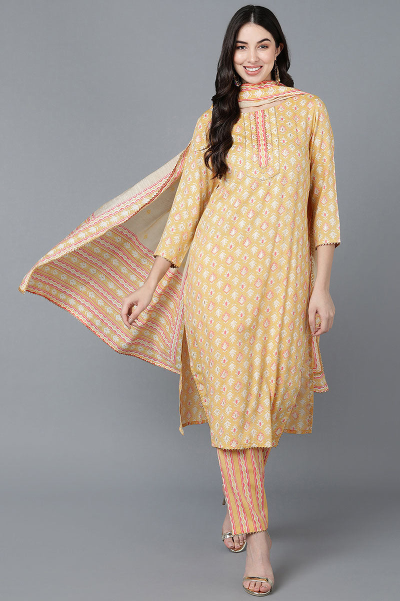  Women Yellow Cotton Printed Kurta Trousers With Dupatta 