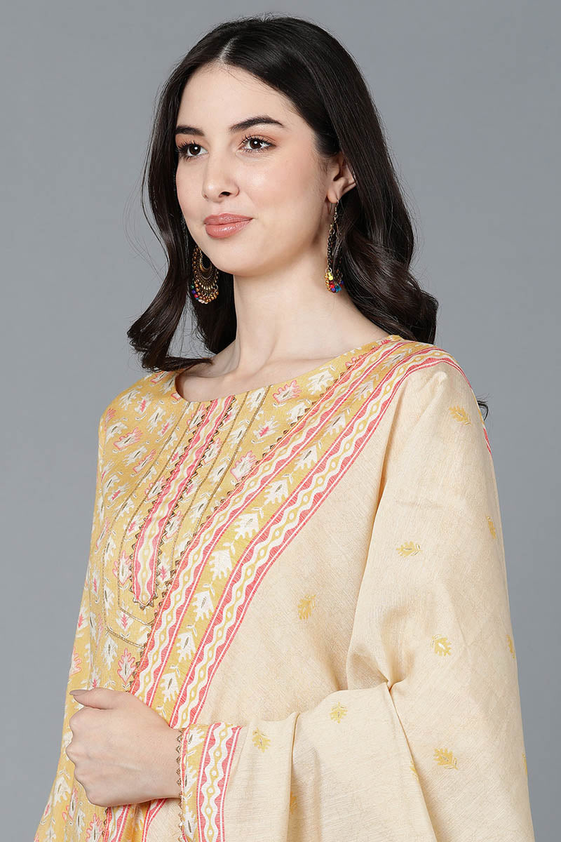  Women Yellow Cotton Printed Kurta Trousers With Dupatta 