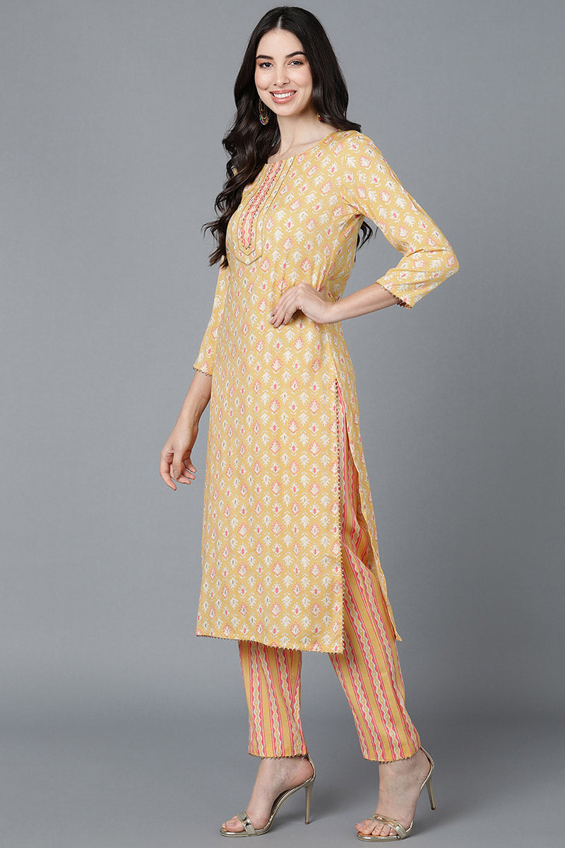  Women Yellow Cotton Printed Kurta Trousers With Dupatta 