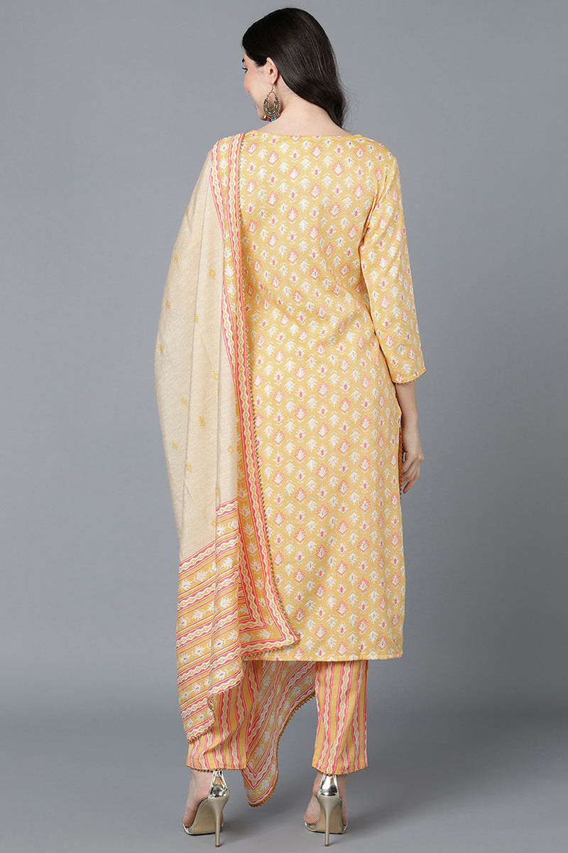  Women Yellow Cotton Printed Kurta Trousers With Dupatta 