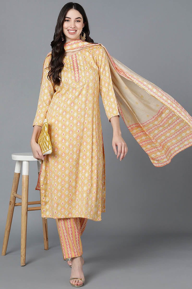  Women Yellow Cotton Printed Kurta Trousers With Dupatta 