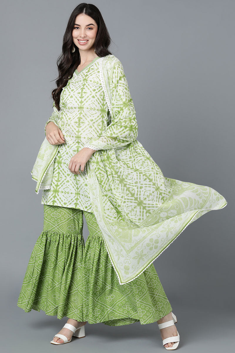  Women Green Cotton Dyed Printed Kurta Sharara With Dupatta 