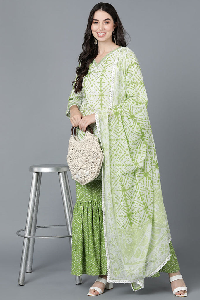  Women Green Cotton Dyed Printed Kurta Sharara With Dupatta 