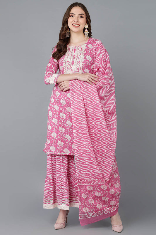  Women Pink Pure Cotton Kurta Sharara With Dupatta