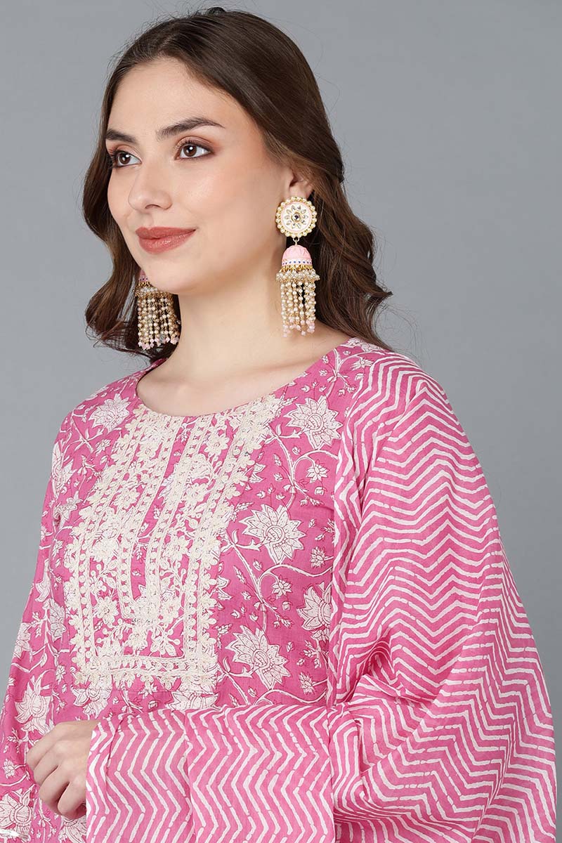  Women Pink Pure Cotton Kurta Sharara With Dupatta