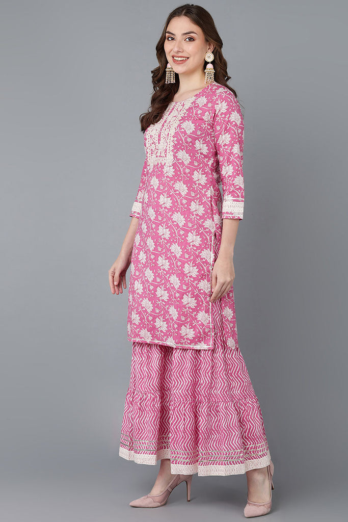  Women Pink Pure Cotton Kurta Sharara With Dupatta