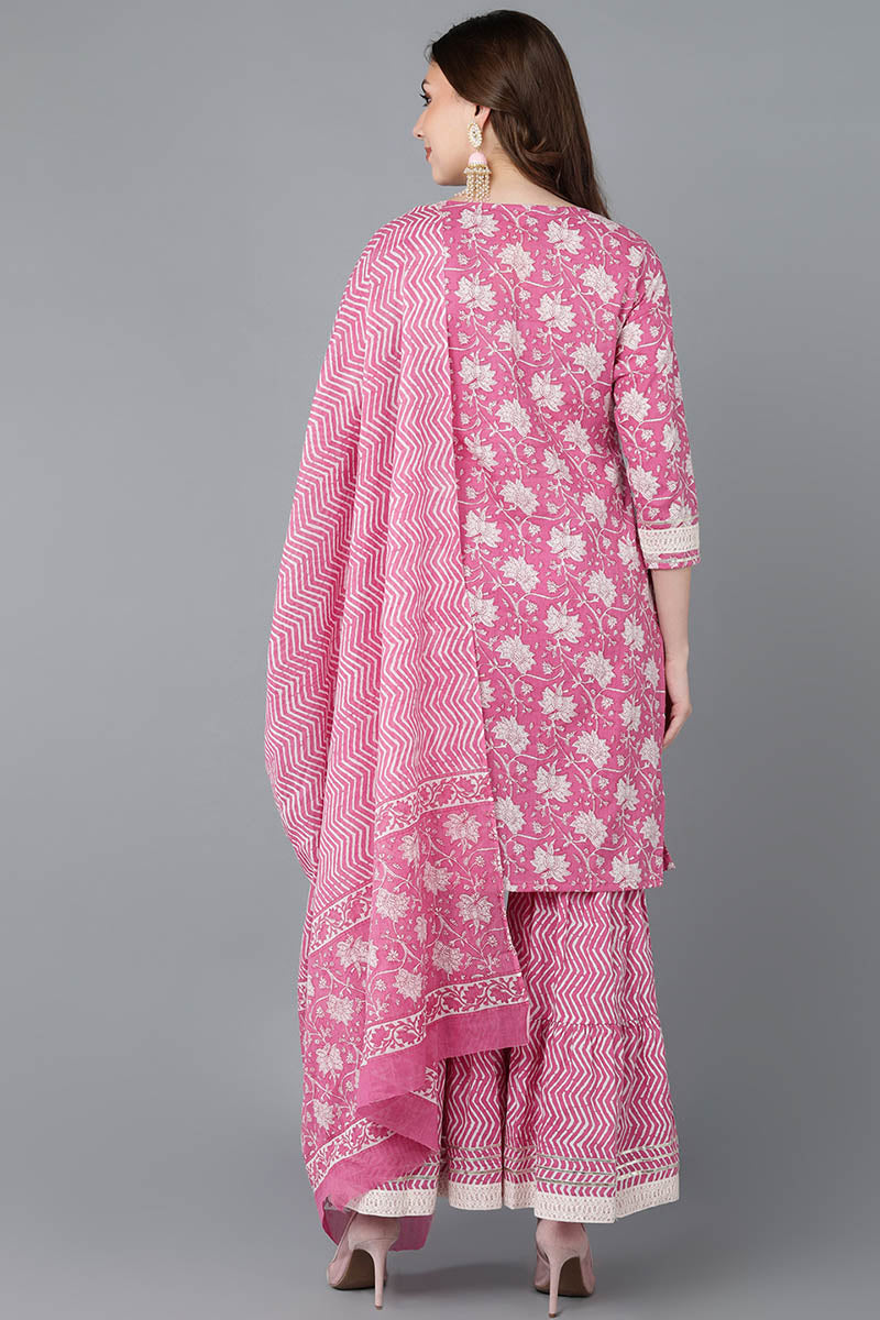  Women Pink Pure Cotton Kurta Sharara With Dupatta