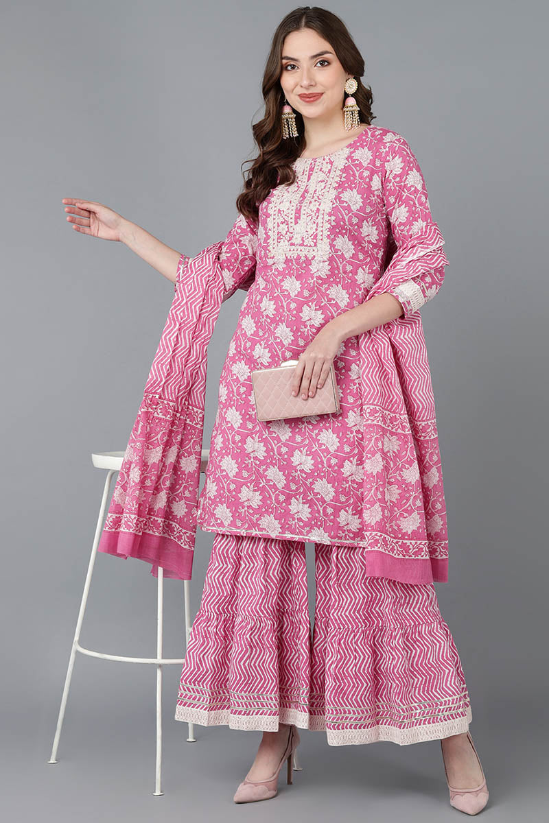  Women Pink Pure Cotton Kurta Sharara With Dupatta