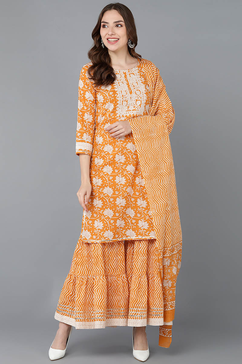  Women Orange Pure Cotton Kurta Sharara With Dupatta