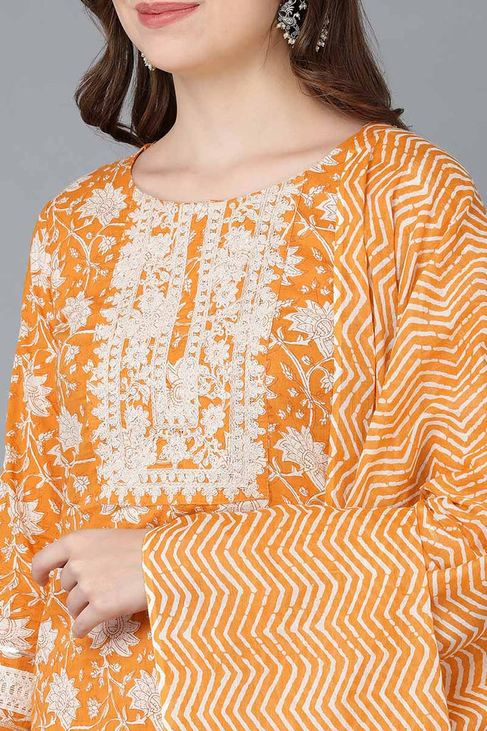  Women Orange Pure Cotton Kurta Sharara With Dupatta