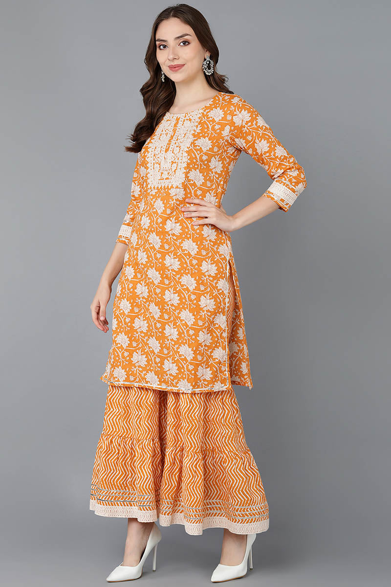  Women Orange Pure Cotton Kurta Sharara With Dupatta