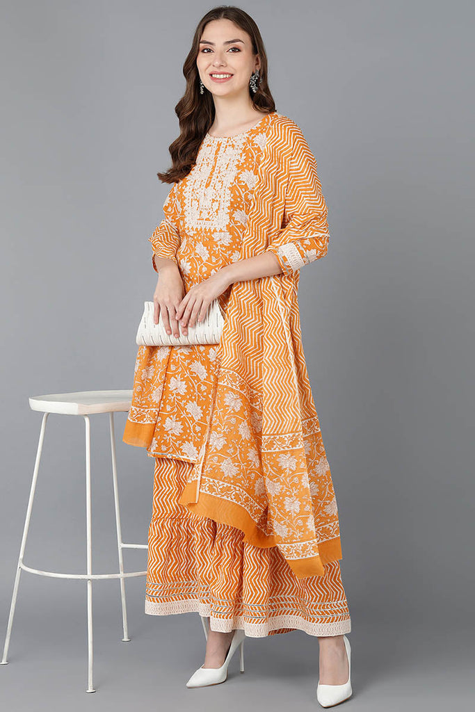  Women Orange Pure Cotton Kurta Sharara With Dupatta