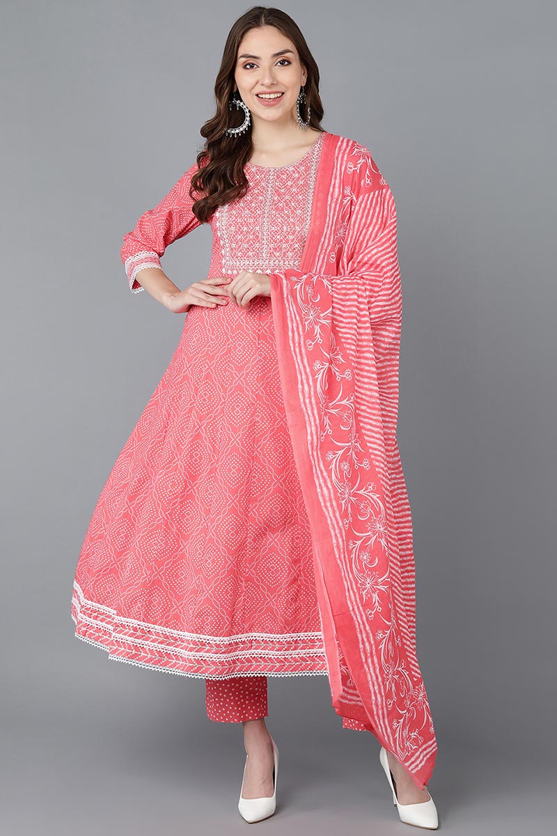  Women Peach Pure Cotton Kurta Trousers With Dupatta