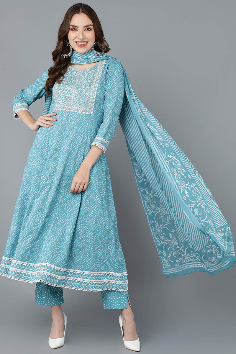  Women Blue Pure Cotton Kurta Trousers With Dupatta 