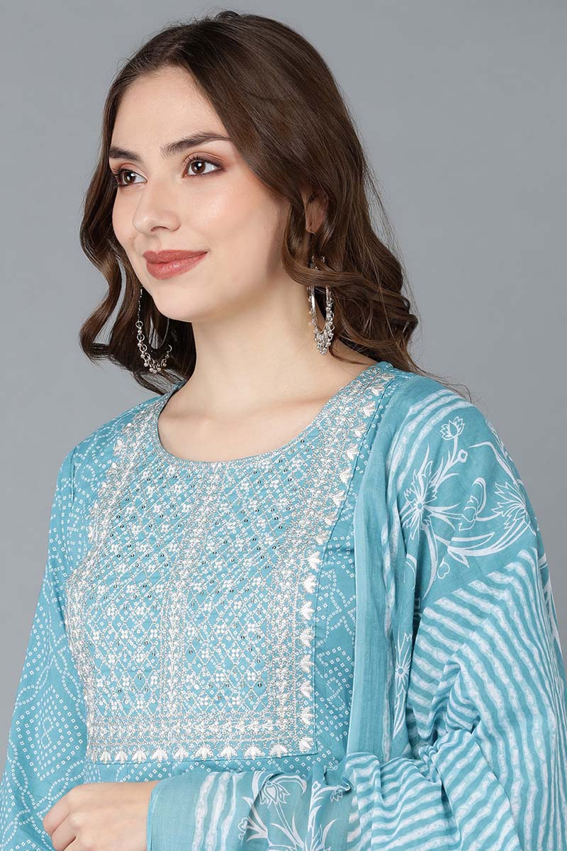  Women Blue Pure Cotton Kurta Trousers With Dupatta 