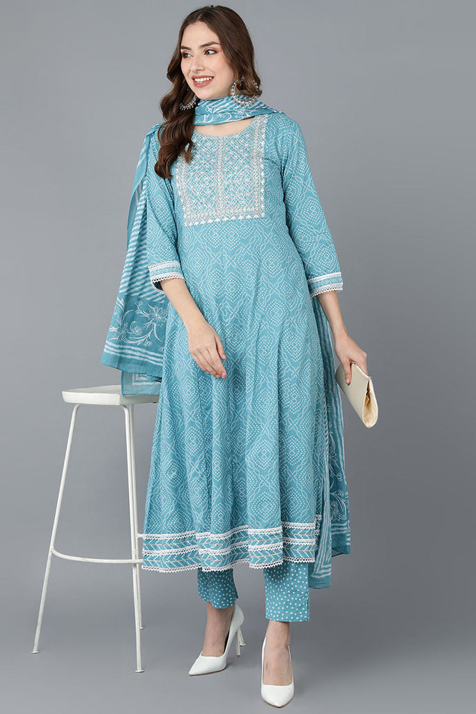  Women Blue Pure Cotton Kurta Trousers With Dupatta 