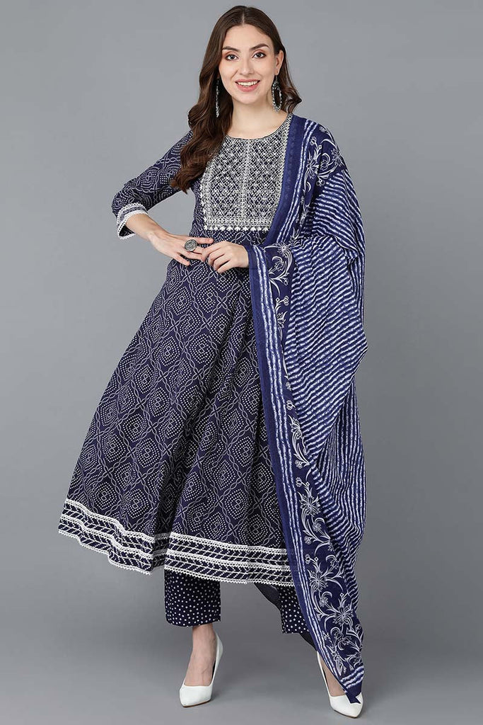  Women Navy Blue Pure Cotton Kurta Trousers With Dupatta