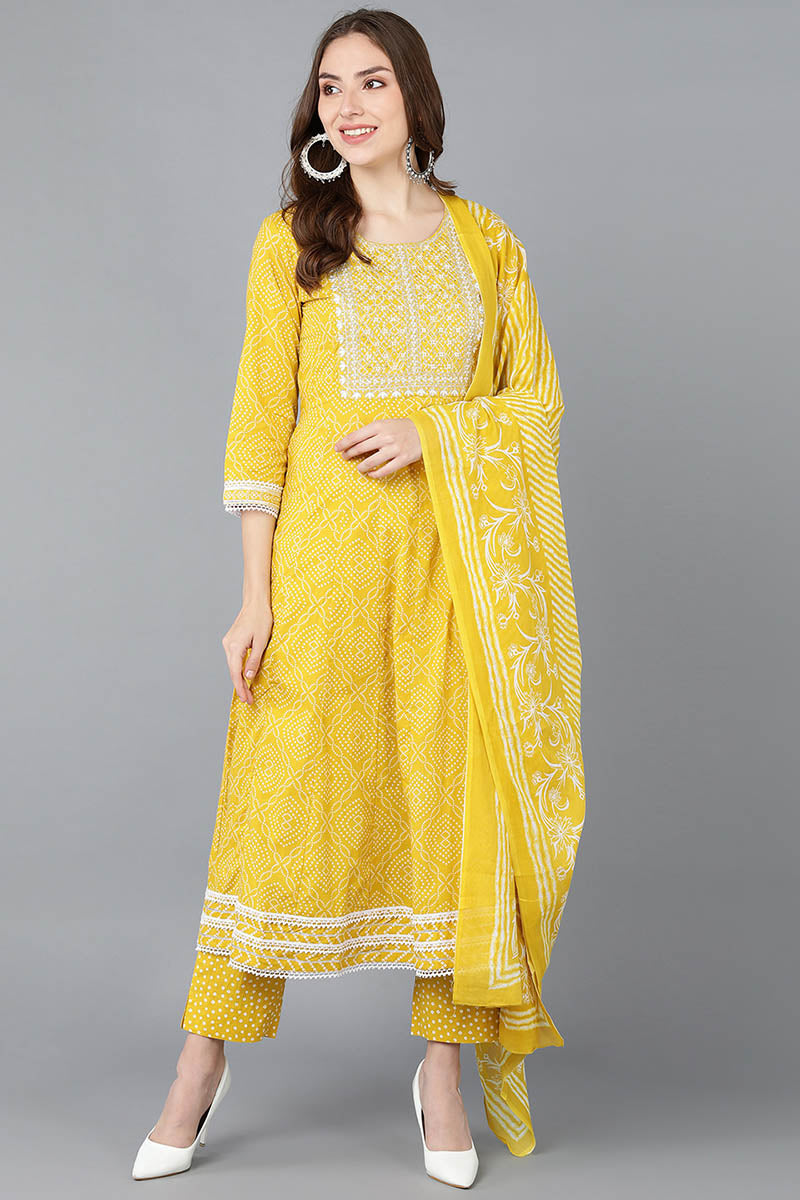  Women Yellow Pure Cotton Kurta Trousers With Dupatta