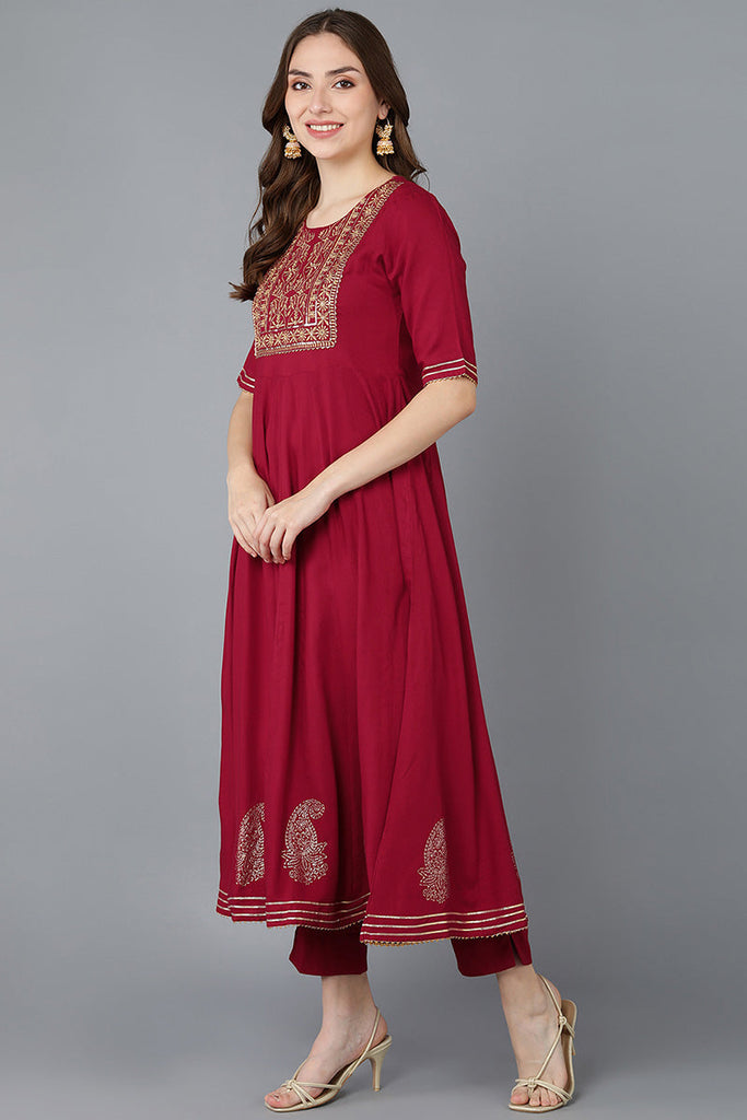 Maroon Pure Cotton Kurta Trousers With Dupatta