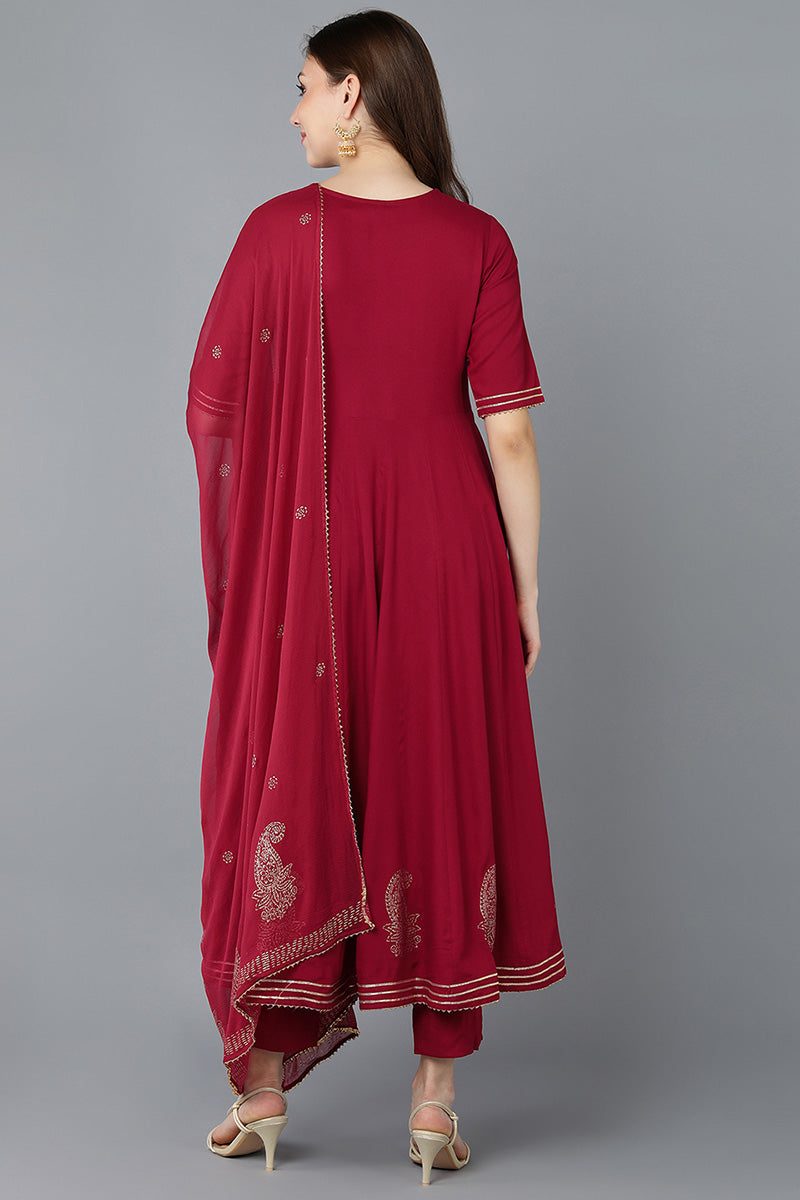 Maroon Pure Cotton Kurta Trousers With Dupatta