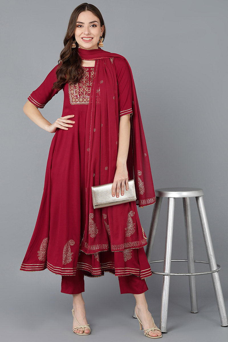 Maroon Pure Cotton Kurta Trousers With Dupatta