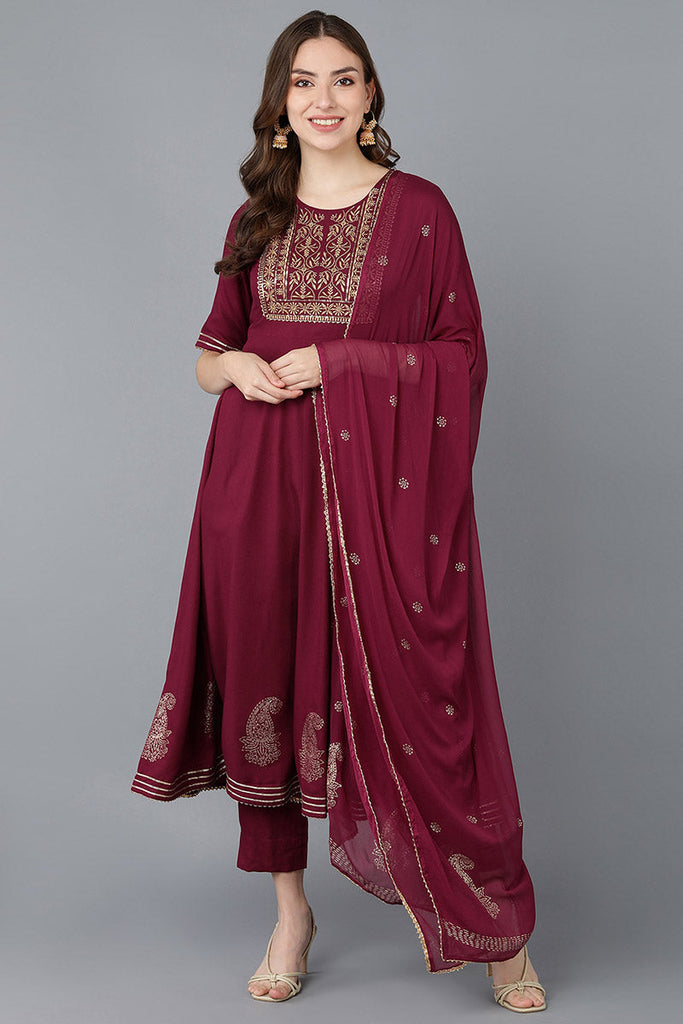  Women Burgundy Pure Cotton Kurta Trousers With Dupatta