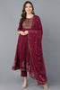  Women Burgundy Pure Cotton Kurta Trousers With Dupatta