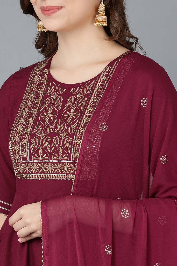  Women Burgundy Pure Cotton Kurta Trousers With Dupatta