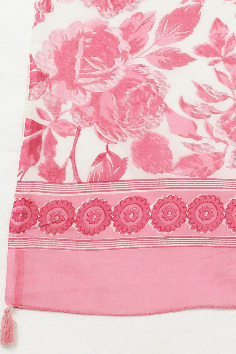 Pink Pure Cotton Floral Straight Kurta Trousers With Dupatta