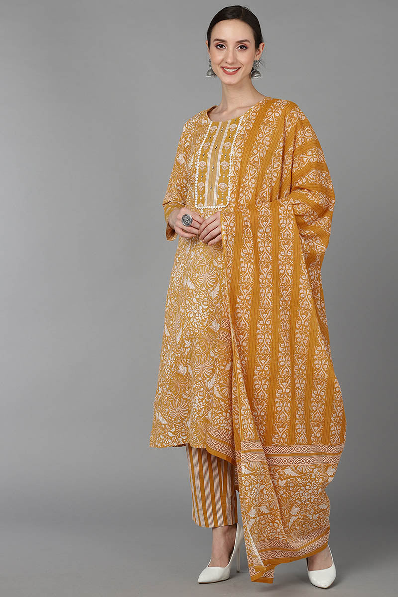  Women Mustard Pure Cotton Printed Kurta Trousers With Dupatta