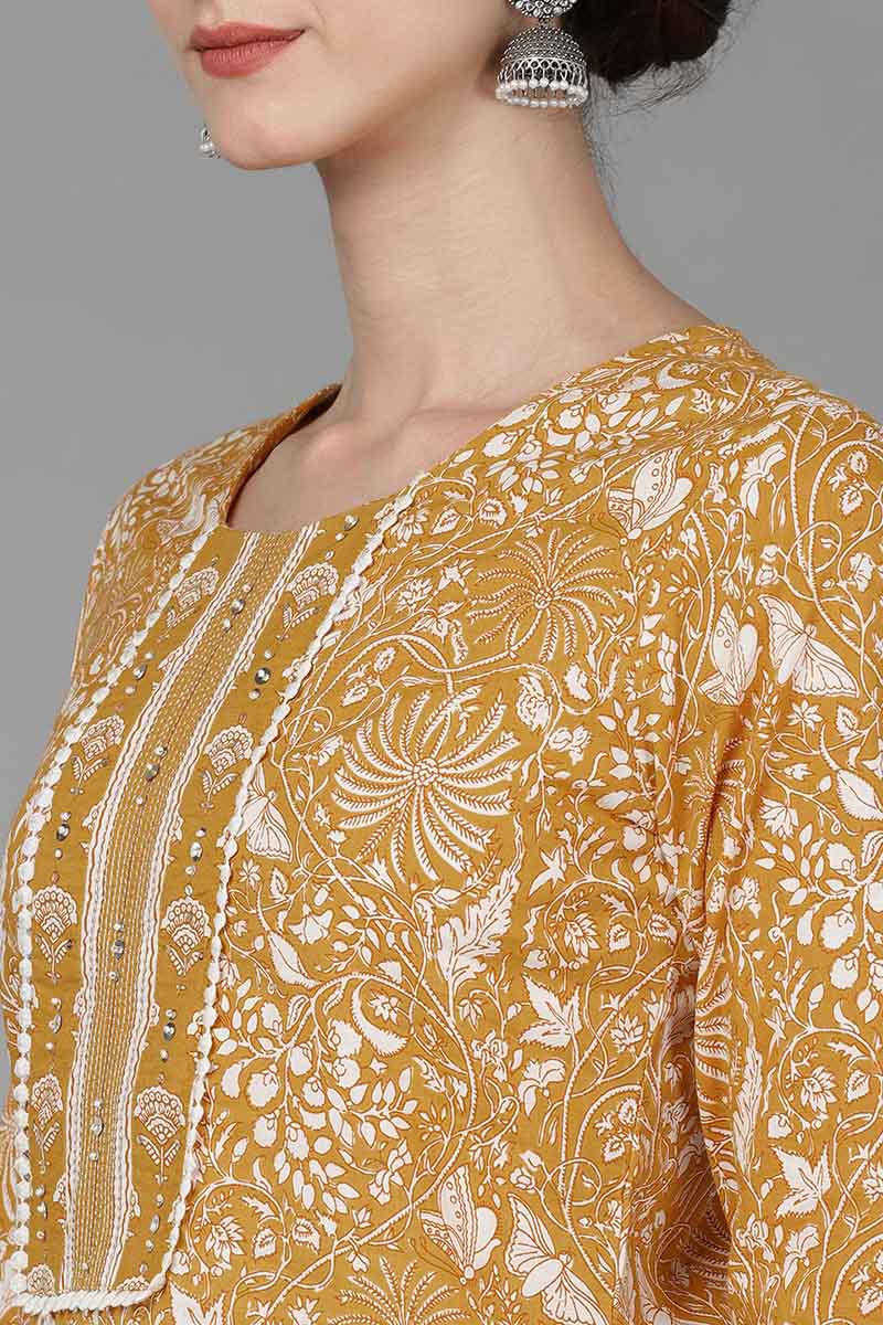  Women Mustard Pure Cotton Printed Kurta Trousers With Dupatta