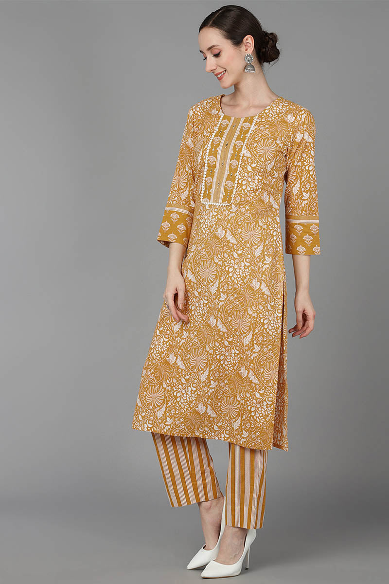  Women Mustard Pure Cotton Printed Kurta Trousers With Dupatta