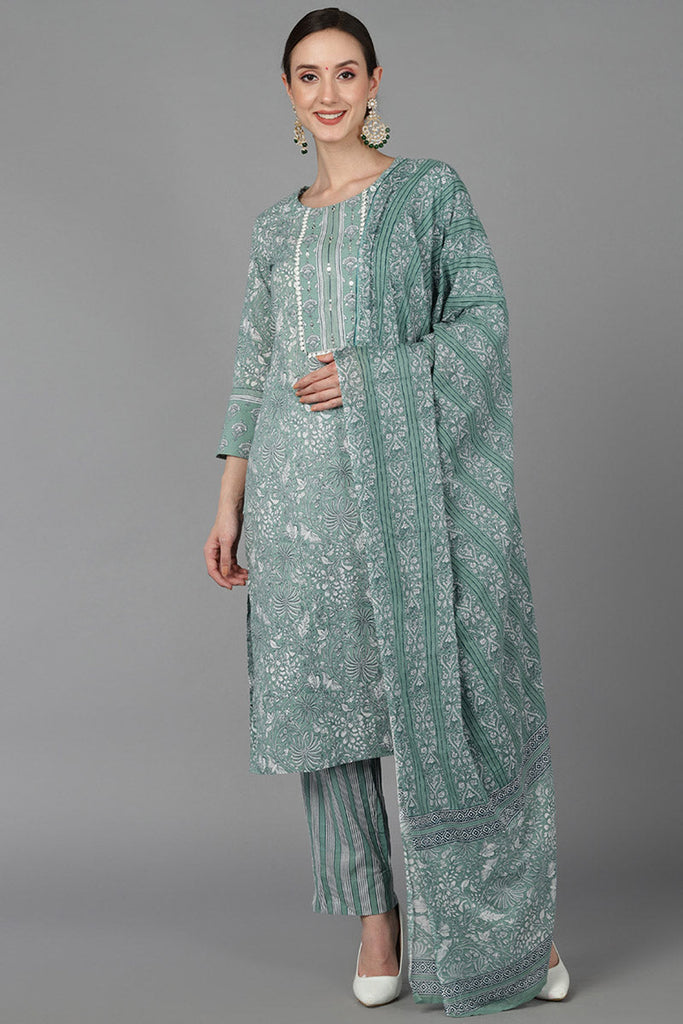  Women Green Pure Cotton Printed Kurta Trousers With Dupatta