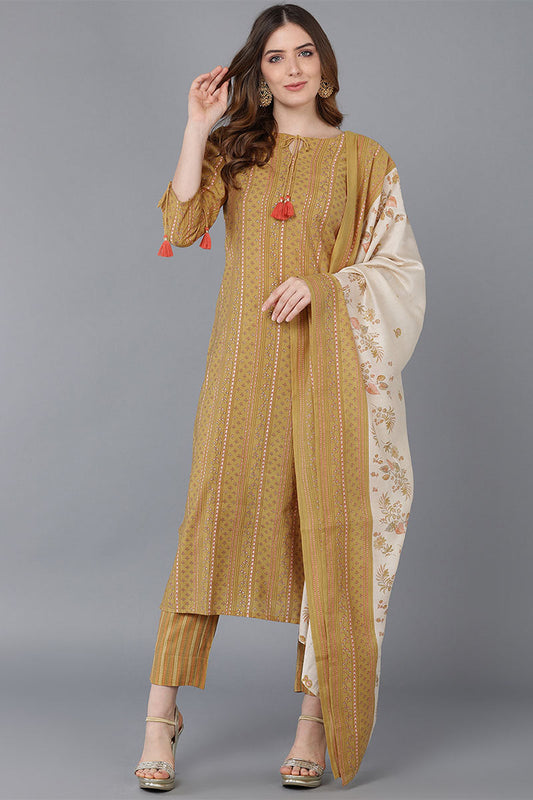 Mustard Poly Silk Straight Kurta Pant With Dupatta VKSKD1513