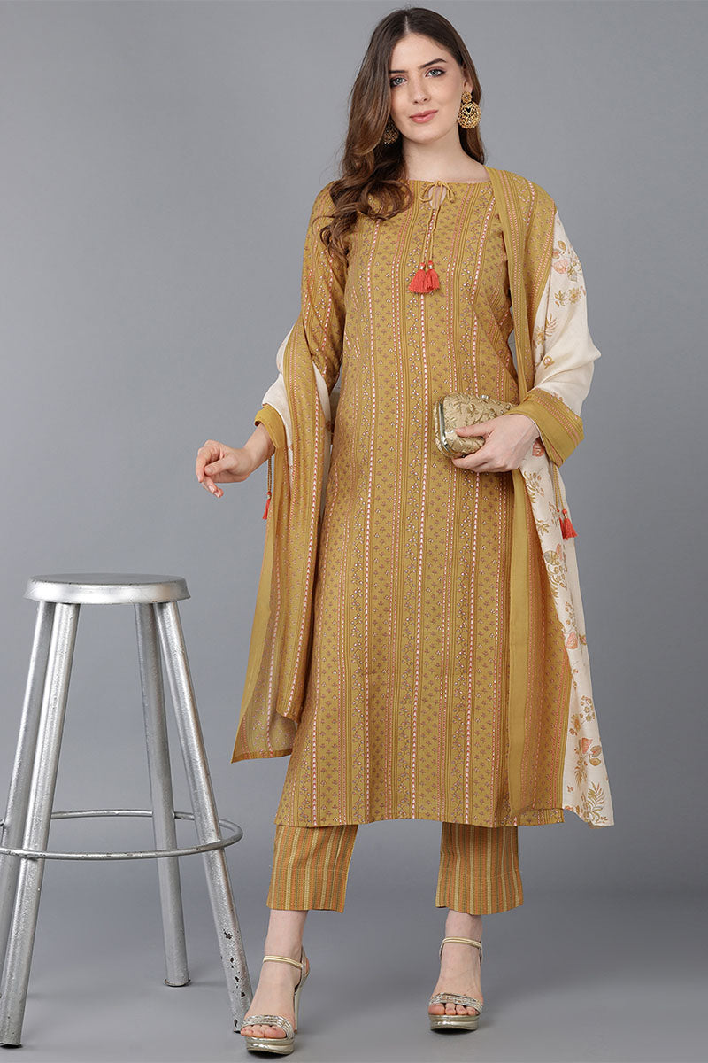 Mustard Poly Silk Straight Kurta Pant With Dupatta VKSKD1513