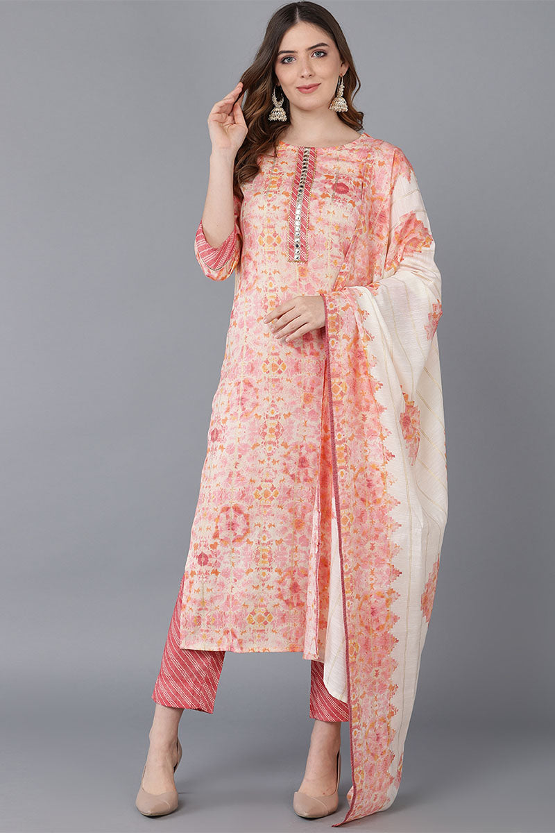 Peach Poly Silk Straight Kurta Pant With Dupatta VKSKD1517