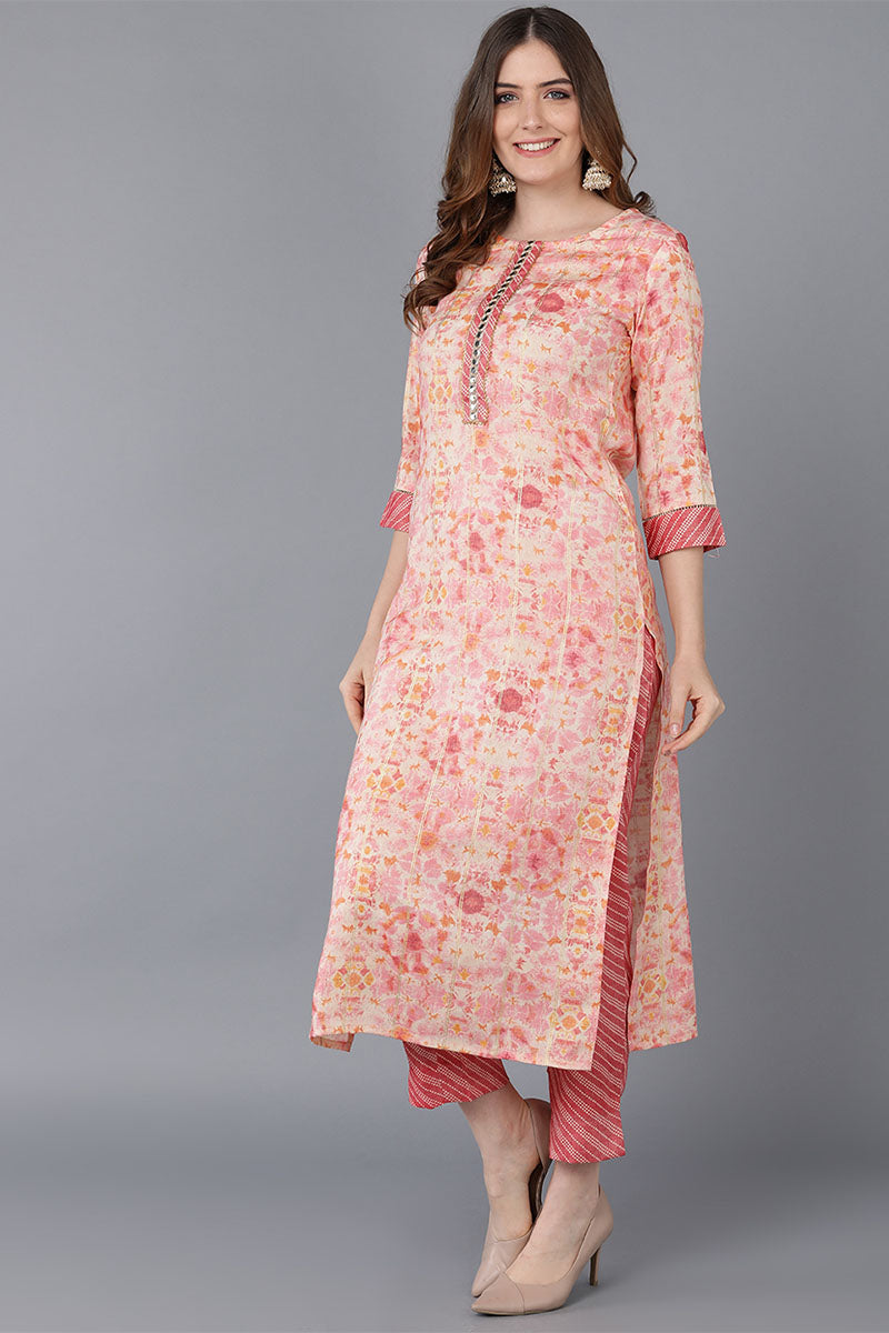 Peach Poly Silk Straight Kurta Pant With Dupatta VKSKD1517