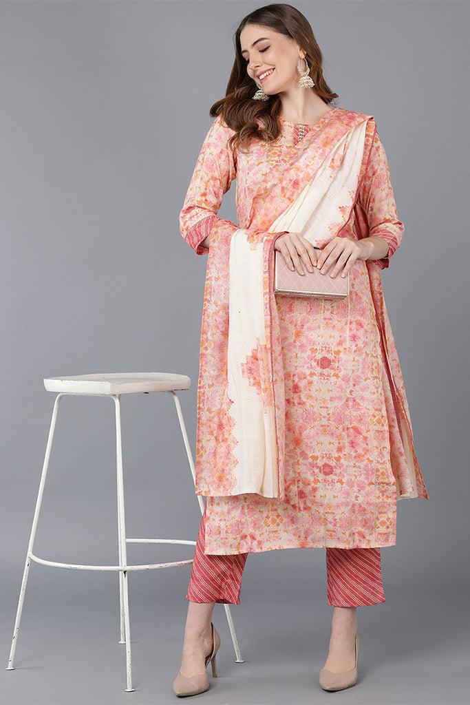 Peach Poly Silk Straight Kurta Pant With Dupatta VKSKD1517