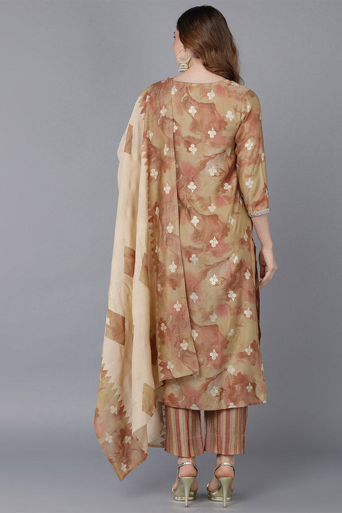 Brown Poly Silk Straight Kurta Pant With Dupatta VKSKD1518