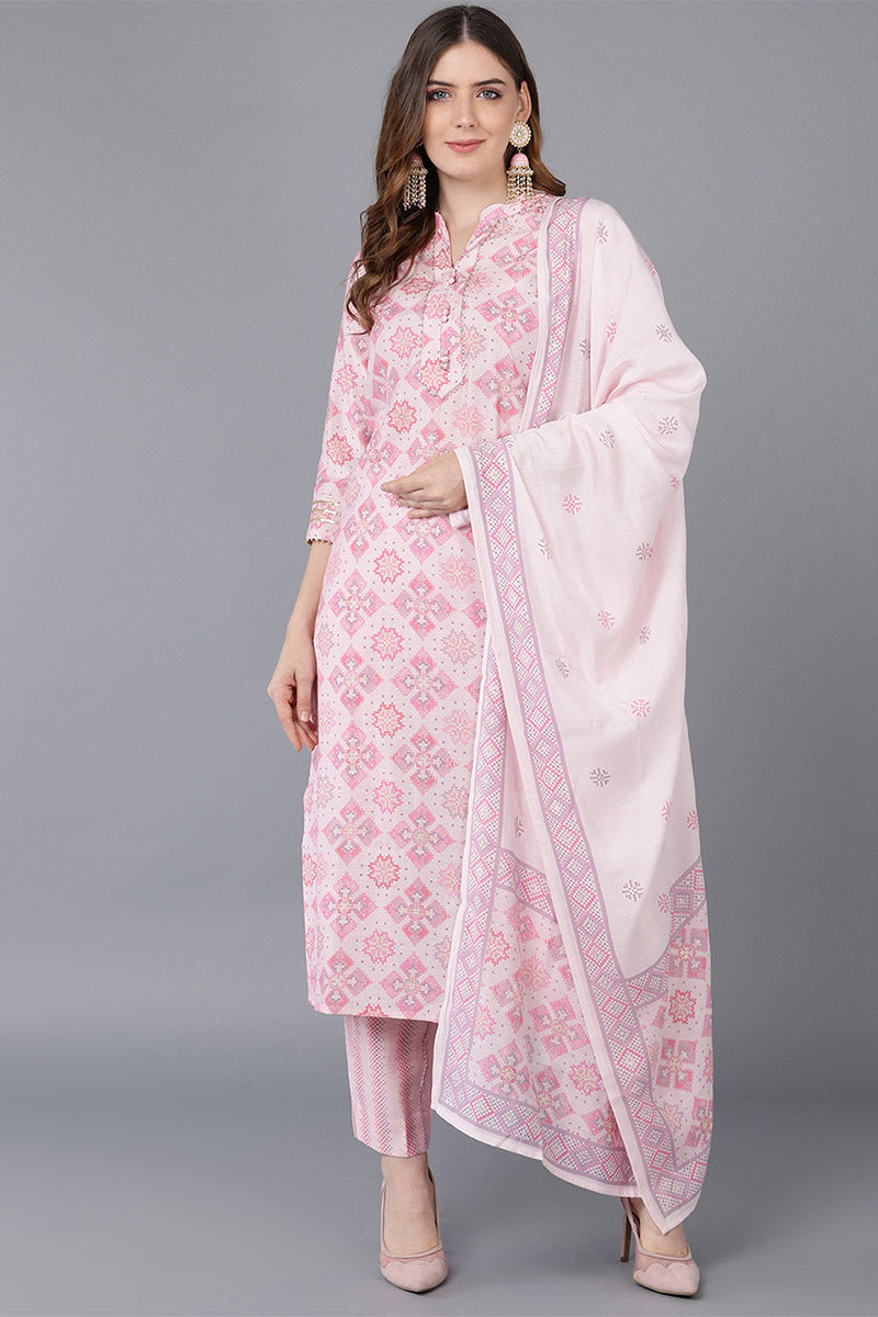 Pink Poly Silk Straight Kurta Pant With Dupatta VKSKD1521