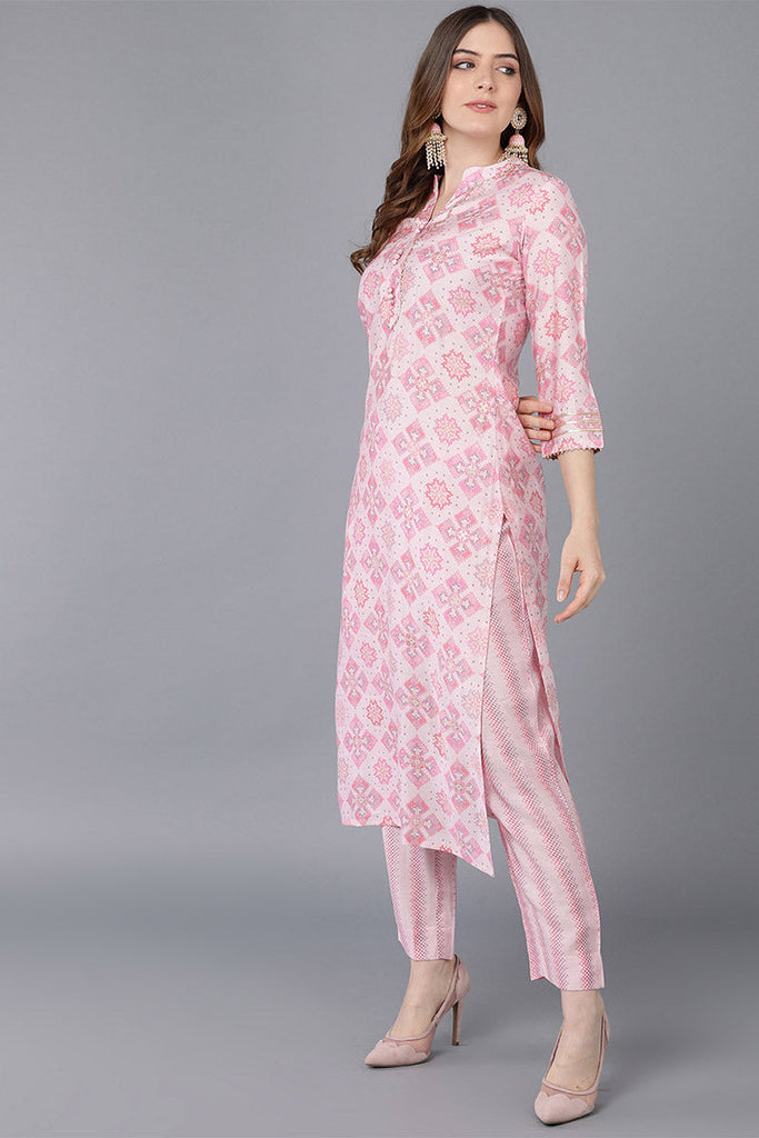 Pink Poly Silk Straight Kurta Pant With Dupatta VKSKD1521