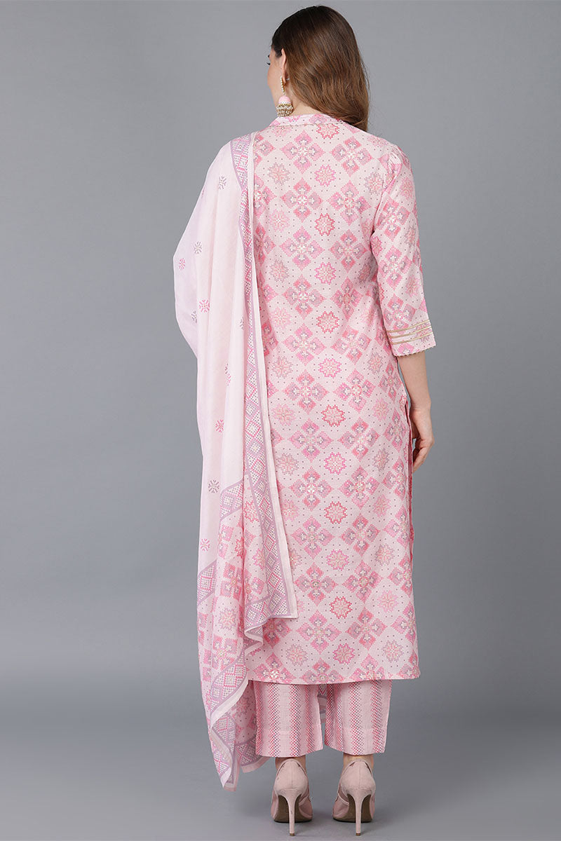 Pink Poly Silk Straight Kurta Pant With Dupatta VKSKD1521