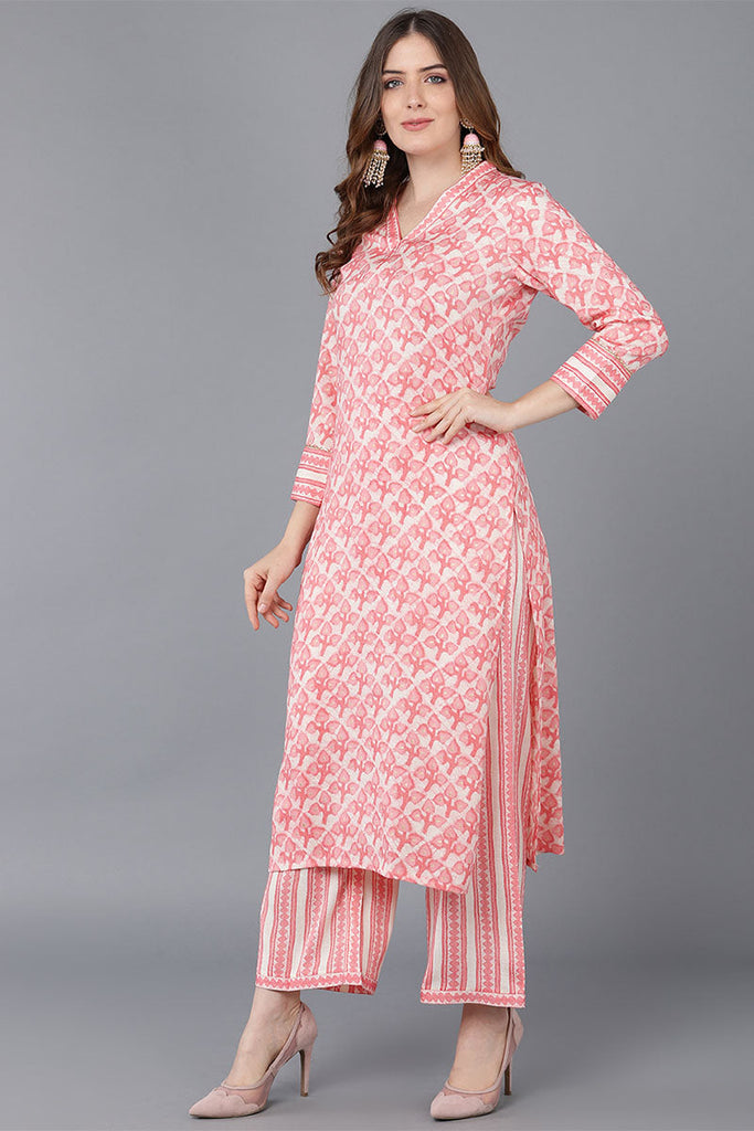 Peach Cotton Blend Straight Suit Set VKSKD1526